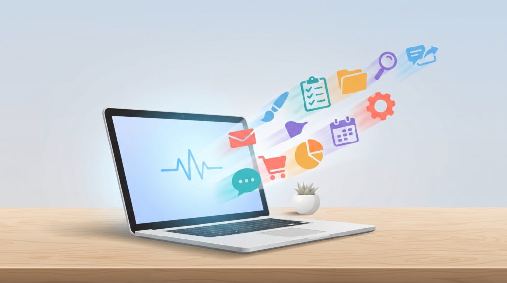 "Laptop with colorful app icons bursting out, representing essential SaaS tools for small business 2026"