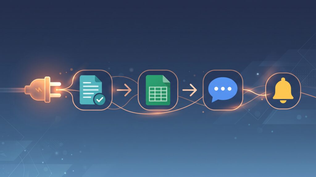 "Illustration of connected app icons linked by automation energy lines, representing Zapier workflow automation 2026